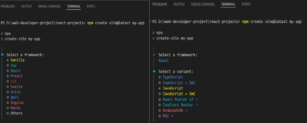 VS-code-terminal Command Line Codes for Setup Vite and React Project Setup